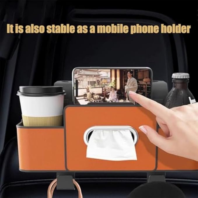 Car Organizers and Storage Box, Multifunctional Car Organizer and Storage Box Back Seat, 3-in-1 Holder Tissue Dispenser, Phone Stand for Snacks, Drinks, Bag Hook, Keep Tidy & Organized (Brown)