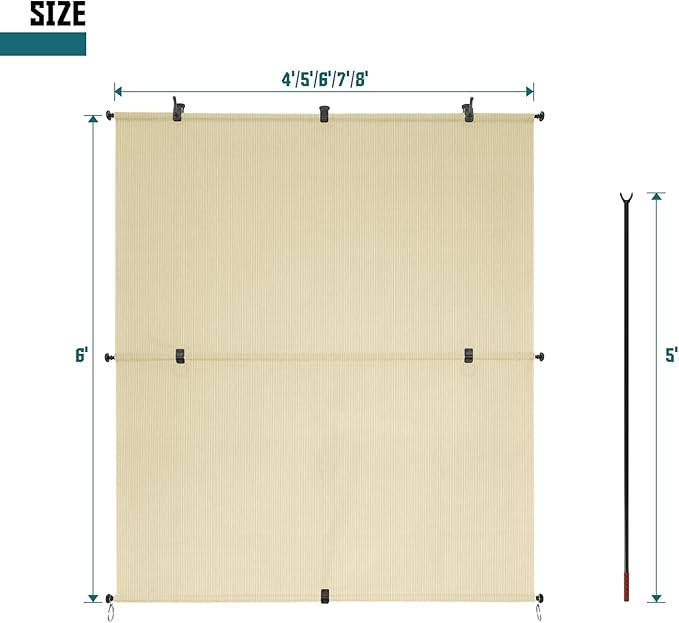 Bynbbur 8'W x 12'H Outdoor Patio Shades Foldable Roller Blinds, 220 GSM Sun Shade Roll Up Porch Screens Exterior Shade Cloth for Deck Pergola Backyard, Beige
