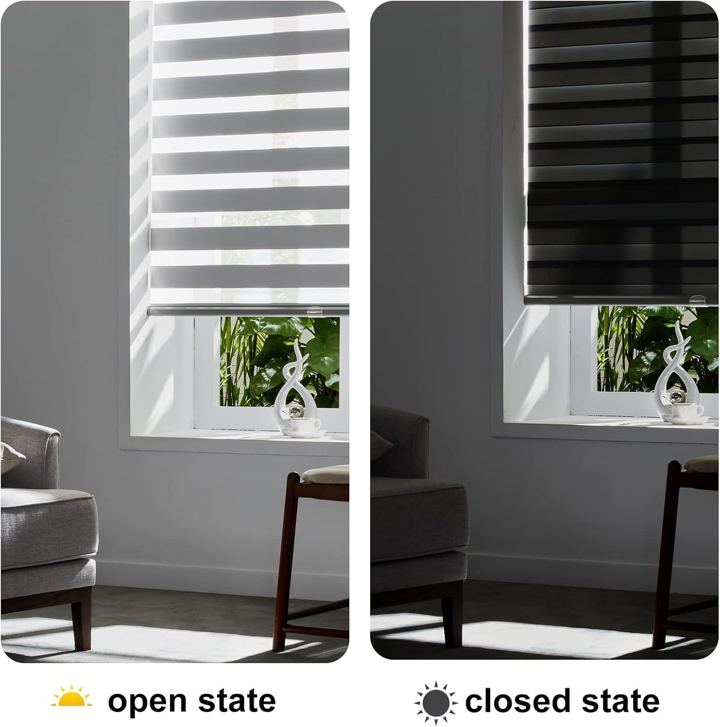 Persilux Cordless Zebra Blinds for Windows Free-Stop Window Blinds (30" W X 72" H, Grey) Dual Layer Light Control for Day and Night, Light Filtering Sheer Shades for Home, Easy to Install