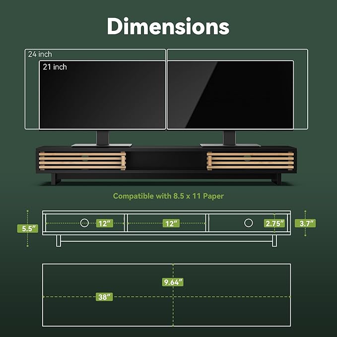 Dual Monitor Stand Riser with Sliding Door, Double Computer Laptop Stand Desk