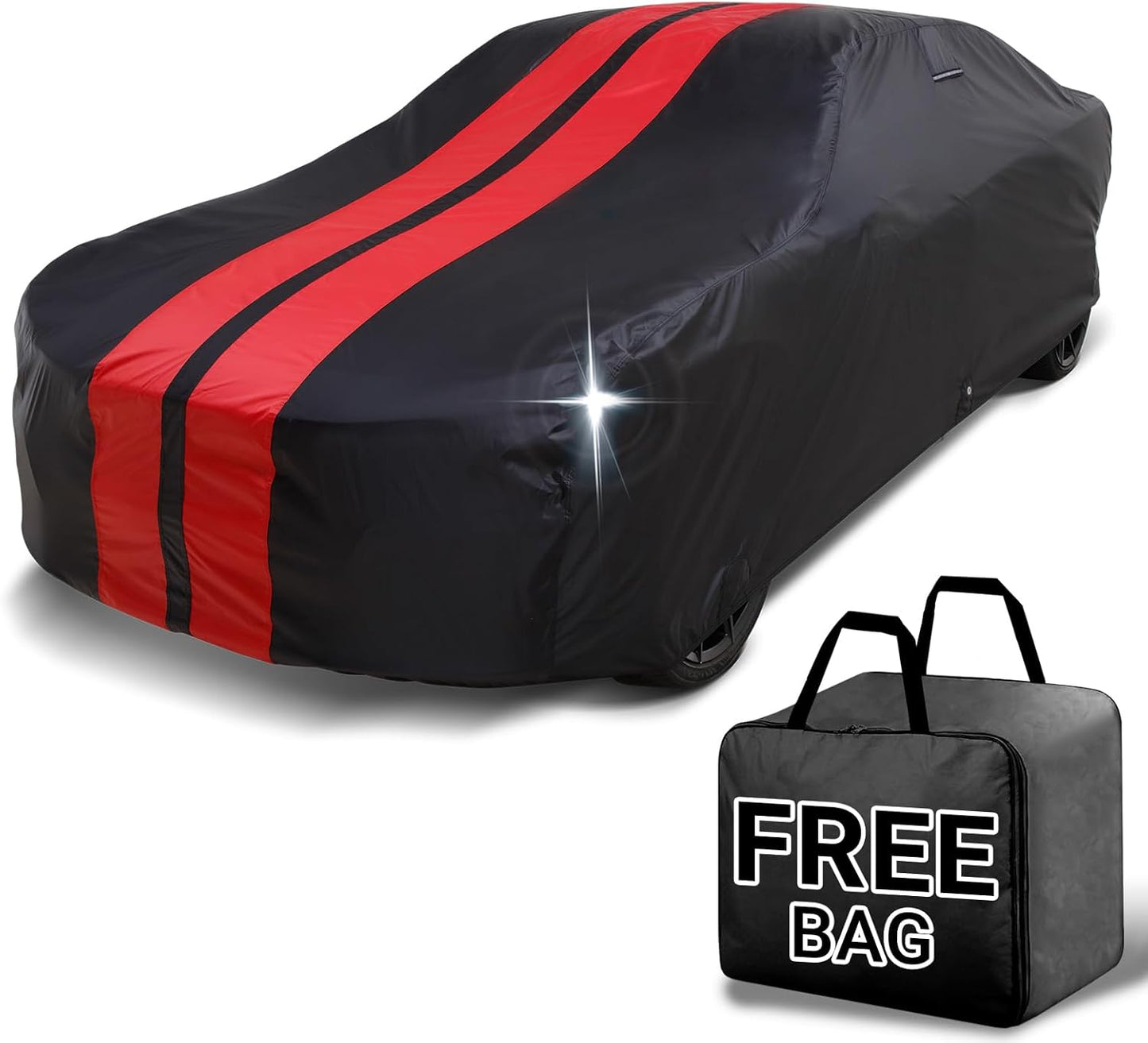 iCarCover Custom Car Cover for Chevy Nova 2-Door, 4-Door (1962-1967) Waterproof All Weather Rain Snow UV Sun Protector Full Exterior Indoor Outdoor Car Cover (Stripe - Black/Red)