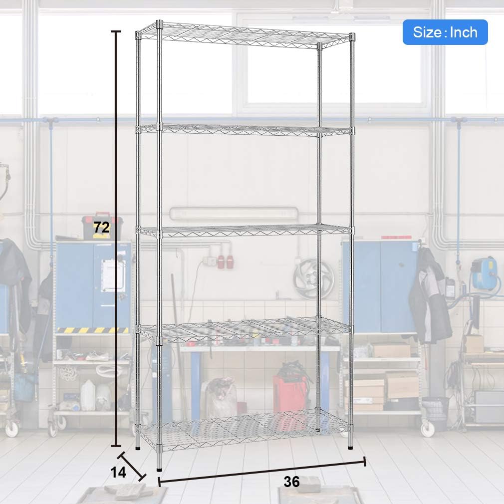 BestOffice 14''Wx36''Dx72''H NSF Wire Shelf Metal 5 Shelf Wire Shelving Unit Storage Shelves Heavy Duty Height Adjustable Utility Commercial Grade Steel Layer Shelf Rack Organizer,Chrome
