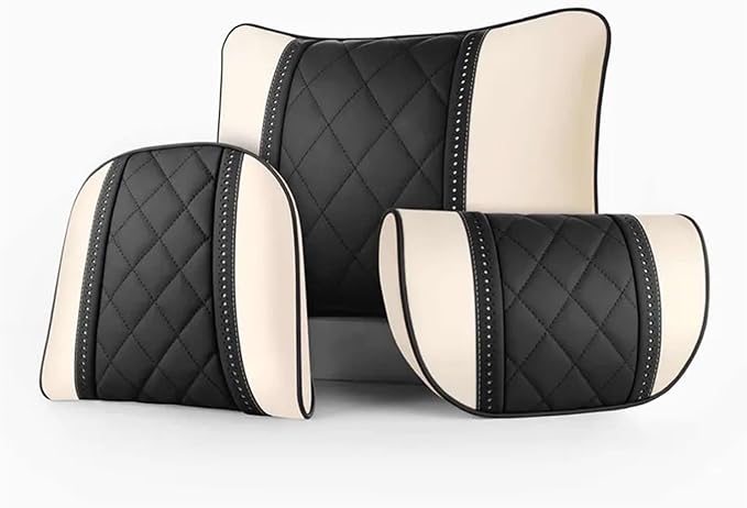Car seat headrest Leather Car Fit for Seat Rest Cushion Headrest Car Neck Pillow Fit for BMW (Color : Beige Black)