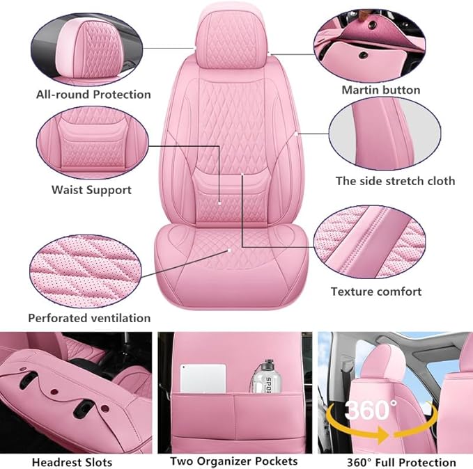 Car Seat Covers Full Set Custom Fit for Mercury Sable 1995-2009 - Premium Faux Leather with Lumbar Support | Breathable, Waterproof, Anti-Slip, Durable (Pink,Full Set)