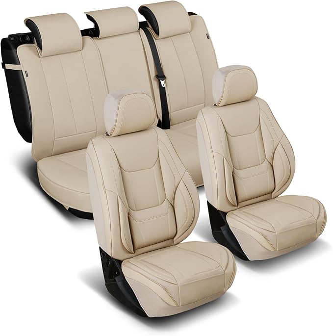 Coverland Custom Fit Car Seat Covers for SUV Compatible with [2024-2026 GMC Hummer EV SUV] Premium Car Seat Cover Water Resistant Leather Non-Slip Interior Protector [Full Set Beige - Size Chart X60]