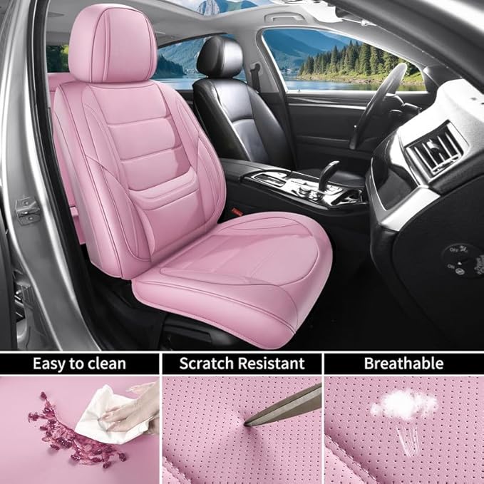 Car Seat Covers Full Set Custom Fit for Saturn ION 2003-2010 - Premium Leather with Lumbar Support, Breathable, Anti-Slip & Excellent Seating Experience (Pink, Full Set)