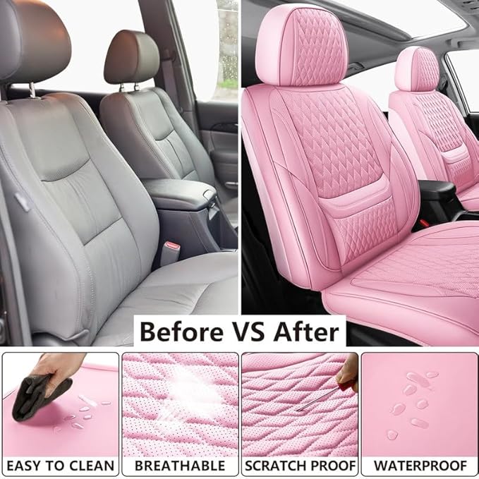 Front Seat Car Seat Covers Custom Fit for Mercury Mountaineer 1997-2010 - Premium Faux Leather with Lumbar Support | Breathable, Waterproof, Anti-Slip, Durable (Pink,Front Seat)