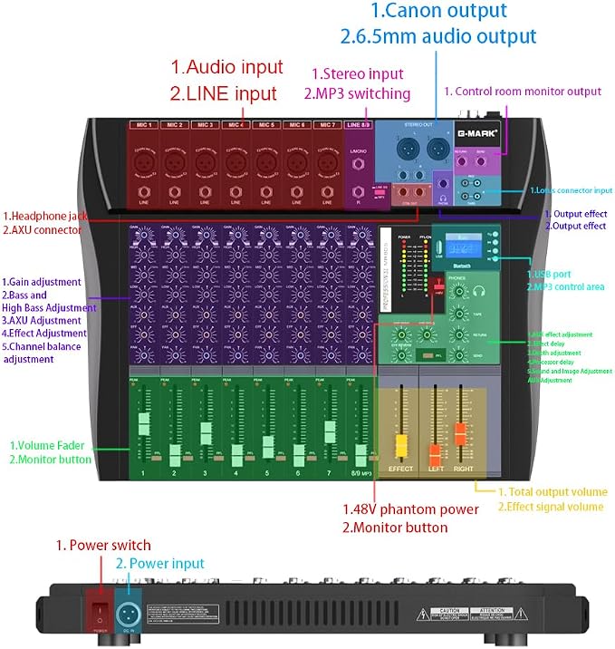 G-MARK MR80S Audio Mixer Interface USB Bluetooth Mixing Console 8 Channel 48V