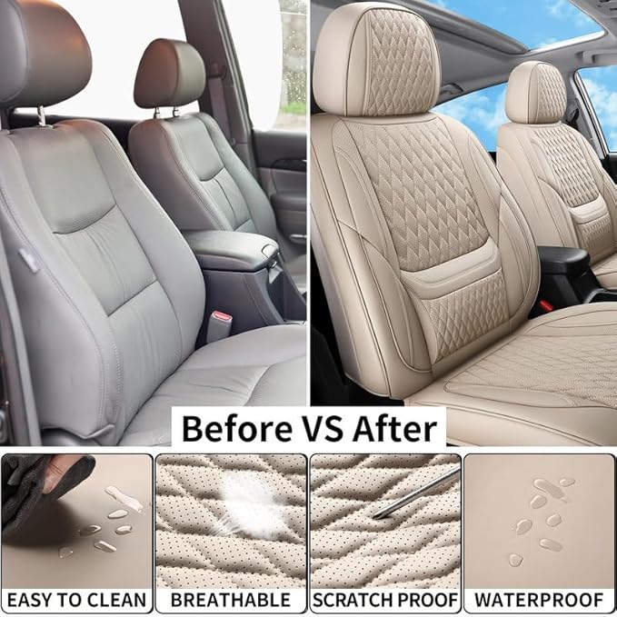 Car Seat Covers Full Set Custom Fit for Ford Maverick 2022-2026 - Premium Faux Leather with Lumbar Support | Breathable, Waterproof, Anti-Slip, Durable (Beige,Full Set)