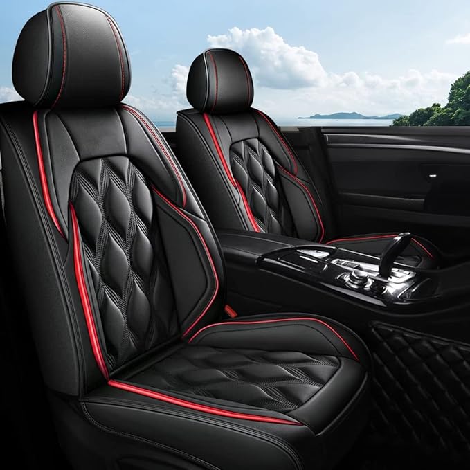 AOMSAZTO Leather Car Seat Covers Front Seat 2 Seats Vehicle Cushion Cover Waterproof Universal Fit for Most Cars Vehicle Sedans SUV Truck Tacoma Outback Rogue RAV4 Civic Tiguan Jetta Black