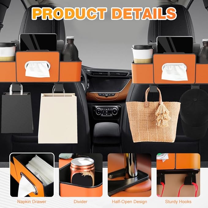 3-in-1 Car Backseat Organizer with Cup Holder, Tissue Box, Trash Bin & Hooks, 2026 Multifunctional Back Seat Car Organizer for Phones, Snacks, Drinks, and Handbags (black)