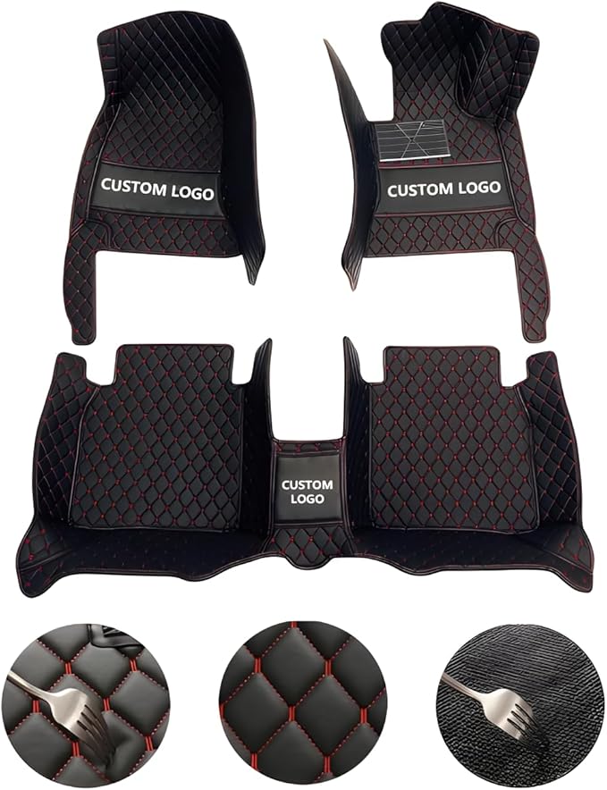 Customize Car Floor Mats for 99% Sedan SUV Sports Car All Weather Leather Full Coverage Waterproof Non-Slip Vehicle Lining Pads (Black Pink Stitching)