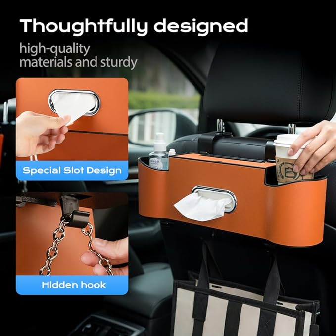 3-in-1 Car Backseat Organizer, 2026 New Multifunctional Back Seat Car Organizer with Cup Holder, Tissue Box, Trash Bin & Hooks for Hold Phones, Snacks, Drinks, Handbags (2, Black)