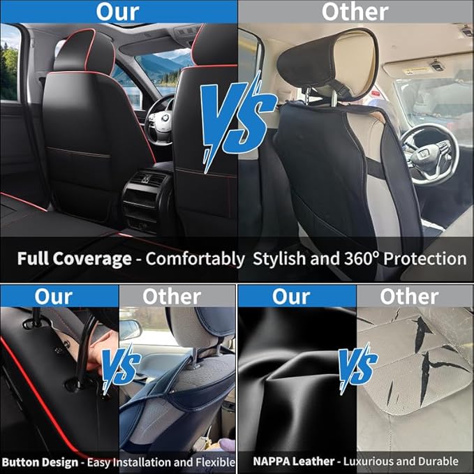 Car Seat Covers Full Set Custom Fit for Chevrolet/Chevy Malibu 2000-2025 2026-Premium Faux Leather with Lumbar Support, Breathable, Waterproof, Anti-Slip, Durable, Easy to Install (Black&Red,Full Set)