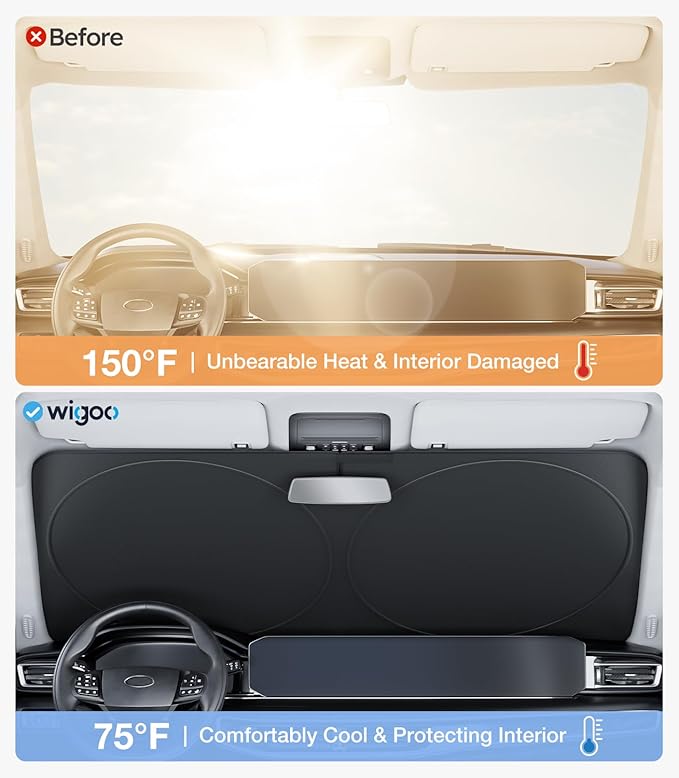 Wigoo 2025 Upgrade Car Windshield Sun Shade [100% Light Block, 4th-Gen Cooling Tech] Foldable Heat Insulation Interior Sun Visor with Storage Bag for Sedans/SUVs/Hatchbacks (M (64"x32")