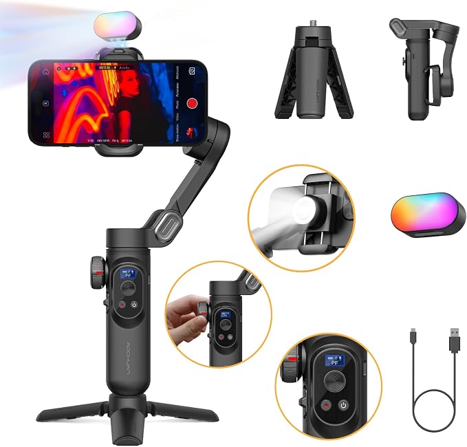 3-Axis Gimbal Stabilizer for Smartphone w/RGB Magnetic Fill Light Phone Gimbal
