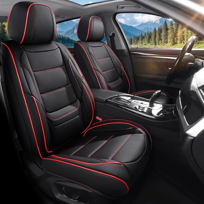 Car Seat Covers Full Set Custom Fit for Saturn ION 2003-2010-Luxury Leather with Lumbar Support, Breathable, Waterproof, Anti-Slip, Durable, Easy to Install (Black&Red,Full Set)