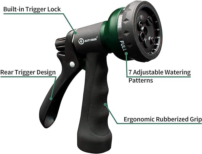 AUTOMAN Garden Hose Nozzle 2PK, ABS Water Spray Nozzle with 7 Adjustable Patterns, Slip Resistant for Watering Plants, Lawn, Garden, Washing Cars, Cleaning, Showering Pets & Outdoor Fun