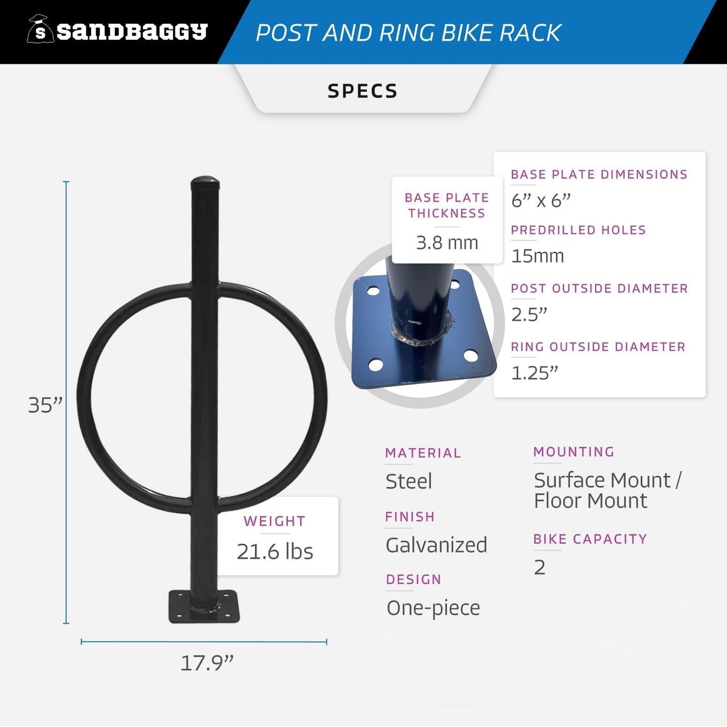 Sandbaggy Post and Ring Bike Rack - Commercial Bike Racks - Galvanized Steel - Anti-Theft Design - In Ground, Apartments, Sidewalks, Industrial (Green, 2)