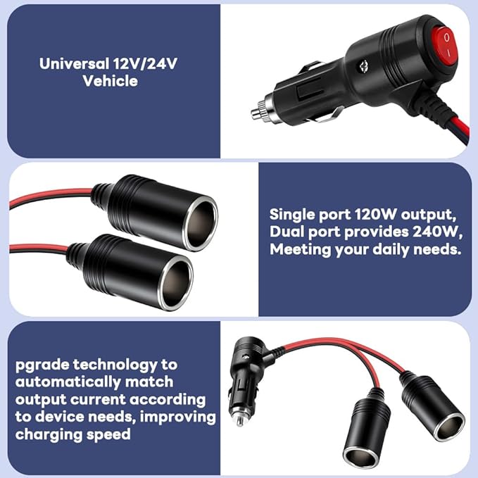 Car Cigarette Lighter Splitter, 12v Splitter Adapter for Car,Supports Fast Charging,1 to 2 Car Cigarette Lighter Splitter Power Charger Port, for 12/24 Volt Cars Vehicle,with on Off Switch