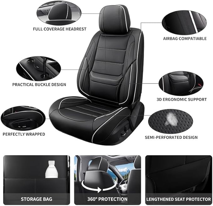 Car Seat Covers Full Set Custom Fit for Buick Verano 2012-2017-Luxury Leather with Lumbar Support, Breathable, Waterproof, Anti-Slip, Durable, Easy to Install (Black&White,Full Set)