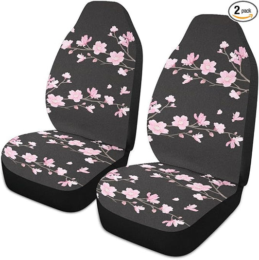 Cherry Blossom Car Seat Covers Set of 2,Japanese Pink Flowers Print Tree Branches with Falling Petals Universal Auto Front Seat Protector for Women Cute Car Accessories Fit for Car SUV Truck