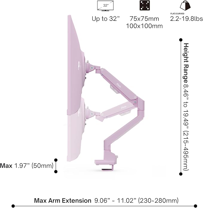 Pixio PS1S Wave Pink Single Monitor Arm Stand Desk Mount