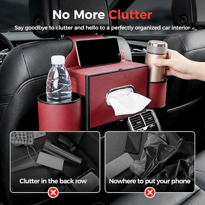 3-in-1 Car Backseat Organizer with Cup Holder, Tissue Box, Trash Bin & Hooks,Multifunctional Back Seat Car Organizer for Hold Phones,Snacks,Drinks,and Handbags (A-Coffee)