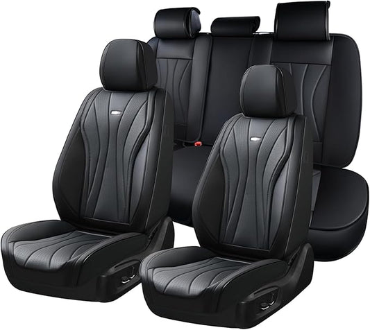 Coverado Car Seat Covers, 5 Seats Black Seat Covers for Car, Luxury Faux Leather Seat Cover, Front and Back Seat Cover, Waterproof Car Seat Protector, Universal Car Seat Cushions Fit for Most Vehicles