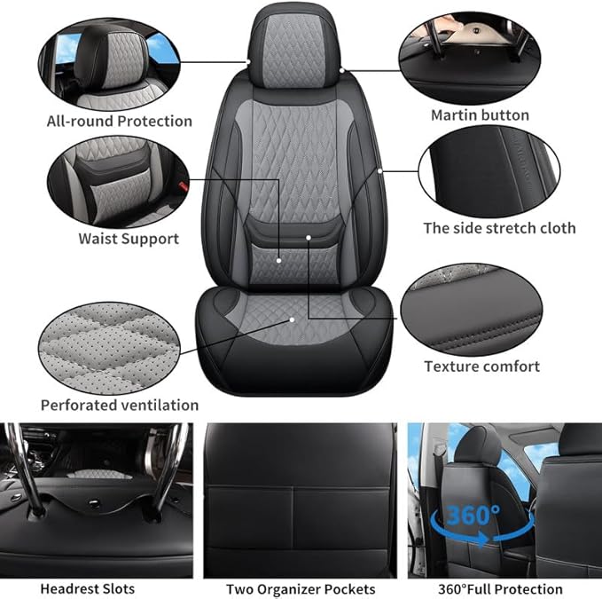 Car Seat Covers Full Set Custom Fit for Ford Escape 2001-2026 - Premium Faux Leather with Lumbar Support | Breathable, Waterproof, Anti-Slip, Durable (Black&Gray,Full Set)