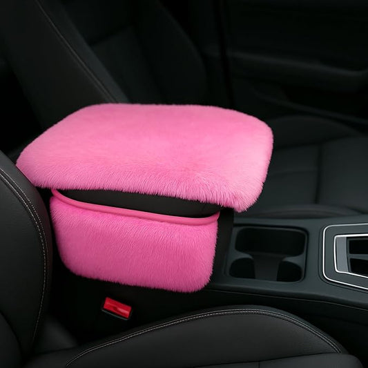 Fluffy Car Armrest Cover with Side Pockets – Plush Fuzzy Fur Center Console Armrest Cushion Pad, Universal Winter Car Interior Protector, Soft Arm Rest Cover with Storage for Women & Men (PINK)