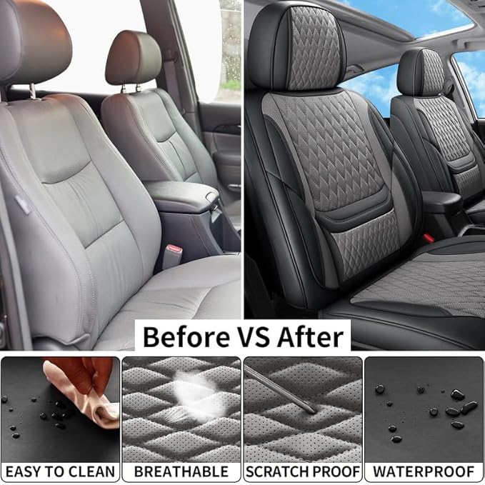 Car Seat Covers Full Set Custom Fit for Chevrolet/Chevy Spark 2012-2022 - Premium Faux Leather with Lumbar Support | Breathable, Waterproof, Anti-Slip, Durable (Black&Gray,Full Set)
