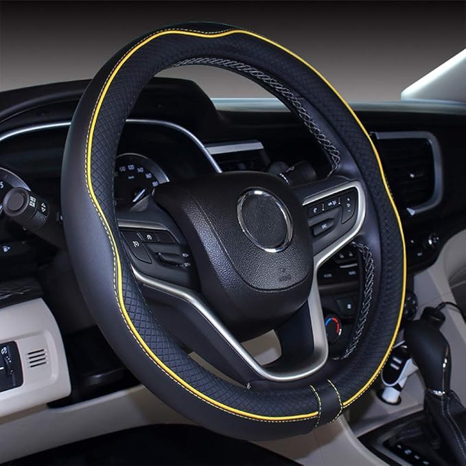 Mayco Bell Universal Standard Size Steering Wheel Cover Anti-Slip,Safety,Soft,Breathable,Durable,Full Surround,Comfortable Grip Microfiber Leather (14.5-15 inch,Black Yellow)
