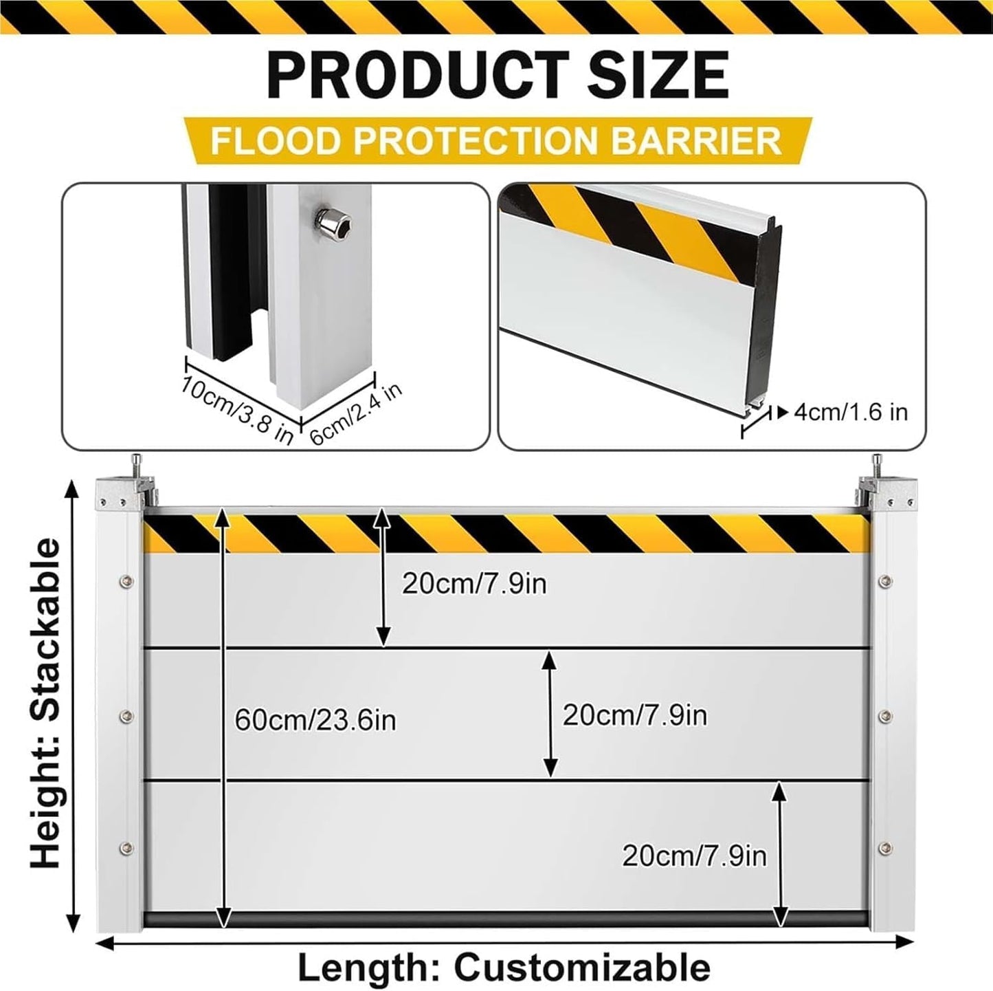 Reusable Heavy Duty Aluminum Flood Barriers for Home Exterior, Flood Protection Barriers Water Barrier Door Quick Detachable Garage Doors Detachable Mobile Rain Water Baffle (H 7.9 inch L 5.5FT)