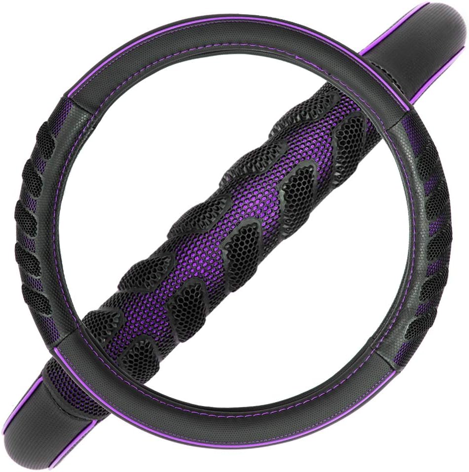 Flying Banner car Steering Wheel Cover Faux Leather Massage Universal fit 3D Honeycomb Hole Anti-Slip Sporty 15 Inches (Purple Black)
