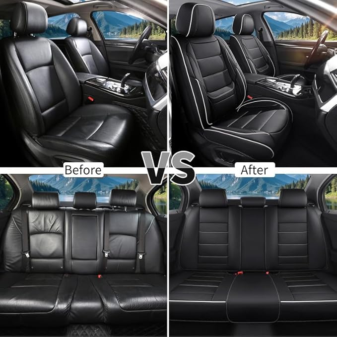Car Seat Covers Full Set Custom Fit for Buick Lacrosse 2004-2019-Luxury Leather with Lumbar Support, Breathable, Waterproof, Anti-Slip, Durable, Easy to Install (Black&White,Full Set)