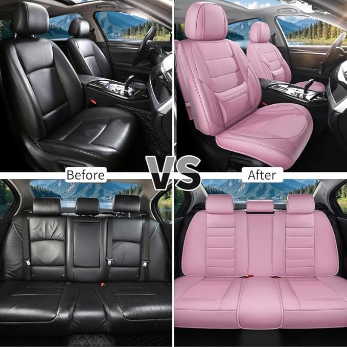Car Seat Covers Custom Fit for Chevrolet/Chevy Volt 2010-2019, Premium Faux Leather Waterproof Car Seat Protectors with Lumbar Support, Breathable Anti-Slip Easy to Install(Pink,Full Set)