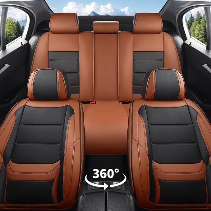 Car Seat Covers Full Set Custom Fit for Ford Focus 2000-2018-Luxury Leather with Lumbar Support, Breathable, Waterproof, Anti-Slip, Durable, Easy to Install (BlackBrown,Full Set)