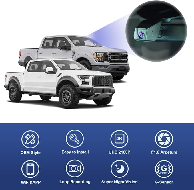 Fitcamx 4K Dash Cam Suitable for Ford F150 & F250 2021-2025 Limited XLT XL Raptor Lariat Platinum King Ranch Tremor, OEM Look, UHD 2160P Video, WiFi&APP, Loop Recording, G-Sensor, Plug&Play, 64GB Card