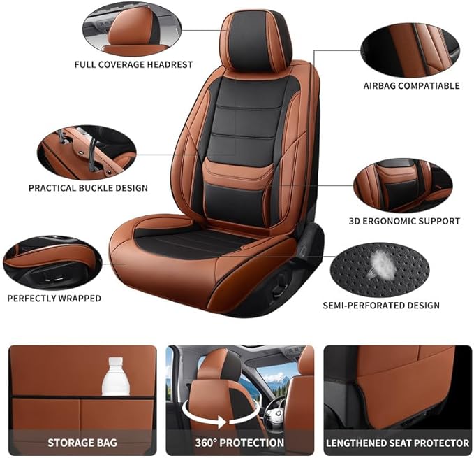 Car Seat Covers Full Set Custom Fit for Ford Fusion 2007-2020-Luxury Leather with Lumbar Support, Breathable, Waterproof, Anti-Slip, Durable, Easy to Install (BlackBrown,Full Set)
