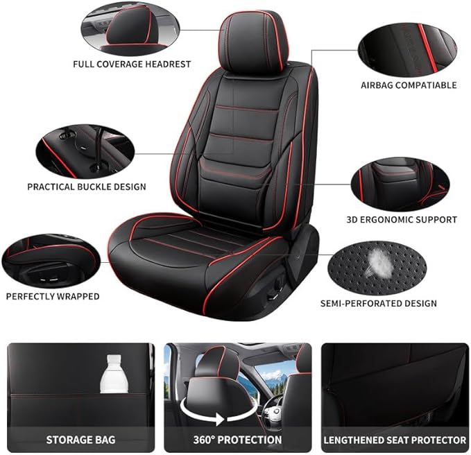 Car Seat Covers Full Set Custom Fit for Saturn Aura 2006-2009-Luxury Leather with Lumbar Support, Breathable, Waterproof, Anti-Slip, Durable, Easy to Install (Black&Red,Full Set)