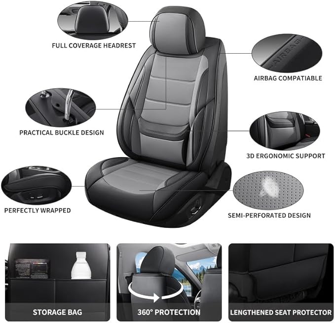Car Seat Covers Full Set Fit for Buick Verano 2012-2017, Premium Faux Leather Waterproof Car Seat Protectors with Lumbar Support, Breathable Anti-Slip Easy to Install(Black&Gray,Full Set)