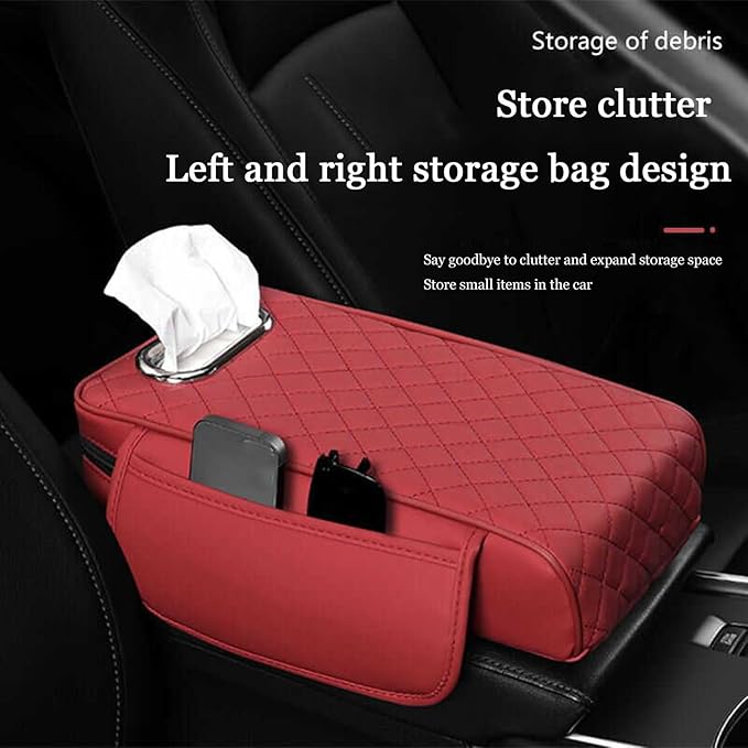 Car Center Console Cover for Infiniti FX SUV FX35 / FX37 / FX40 / FX45 /FX50, Leather Car Arm Rest Cover, Car Armrest Cushion with 2 Storage Bags Car Center Console Armrest Pad, C Black+Red