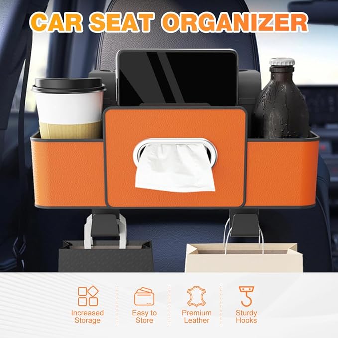 3-in-1 Car Backseat Organizer with Cup Holder, Tissue Box, Trash Bin & Hooks, 2026 Multifunctional Back Seat Car Organizer for Phones, Snacks, Drinks, and Handbags (Orange)