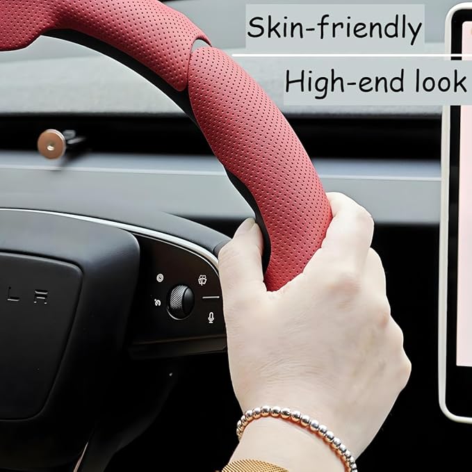 Car Steering Wheel Cover, Nappa Leather 15 Inch Snap-On 3PCS Set Vehicle Steer Wheel Wrap Protector, Non-Slip Automotive Interior Protection Accessories, Universal Fit (Pink)