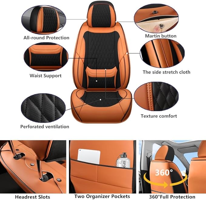 Car Seat Covers Full Set Custom Fit for Chevrolet/Chevy Malibu 2000-2026 - Premium Faux Leather with Lumbar Support | Breathable, Waterproof, Anti-Slip, Durable (Black&Brown,Full Set)