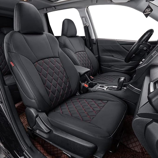 coverdream Forester Leather Seat Covers Custom Fit for 2019-2024 Subaru Forester SUV Seat Cushion,Fully Covered,Airbag Compatible Waterproof Car Seat Protector (Full Set,Black/Red)