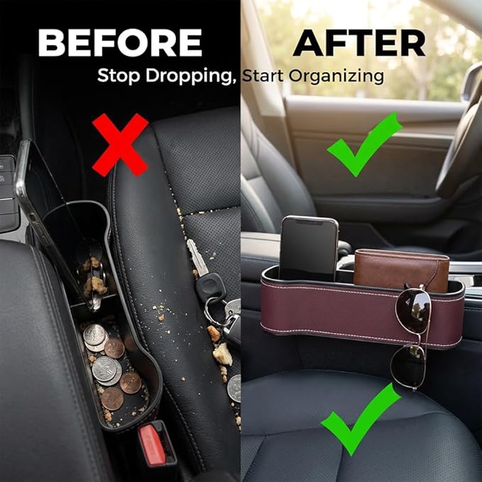 Car Seat Gap Filler Organizer, 2026 New Premium Leather Console Organizer for Holding Phone, Sunglasses, Auto Console Side Storage Box with Cup Holders 2 Seat Hooks for Drink (Black, Passenger Seat)