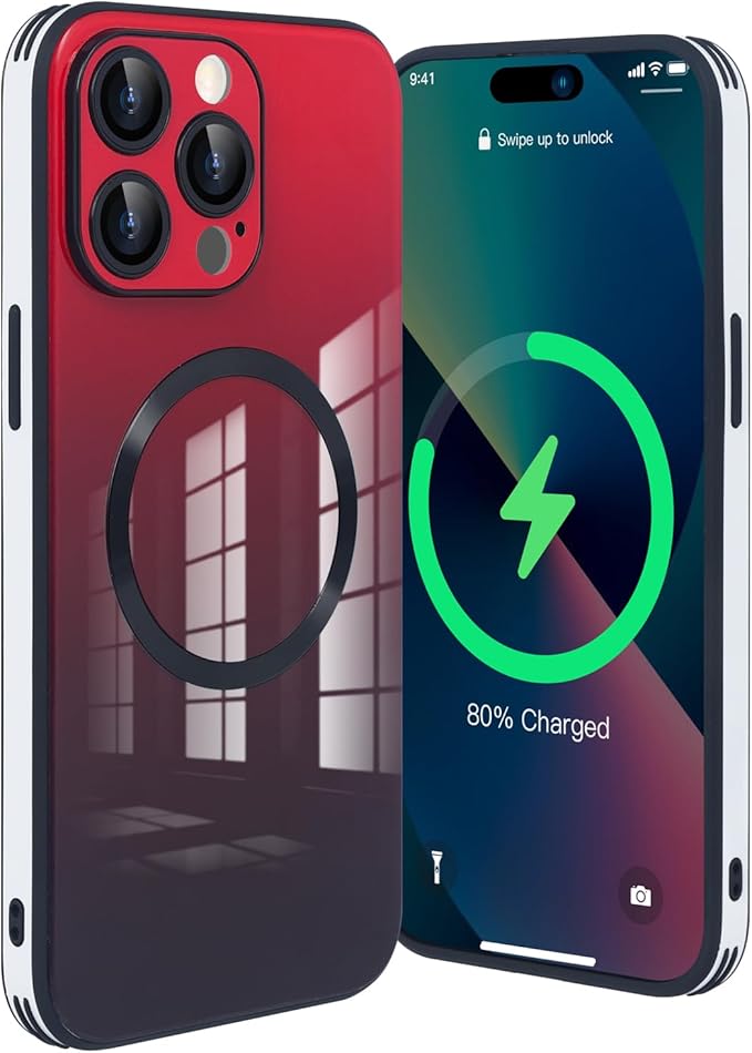 Guppy Compatible with iPhone 13 Pro with MagSafe Case, Magnetic Gradient Case with MagSafe Charging, Gradient Glass Back Cover with Lens Film-Red