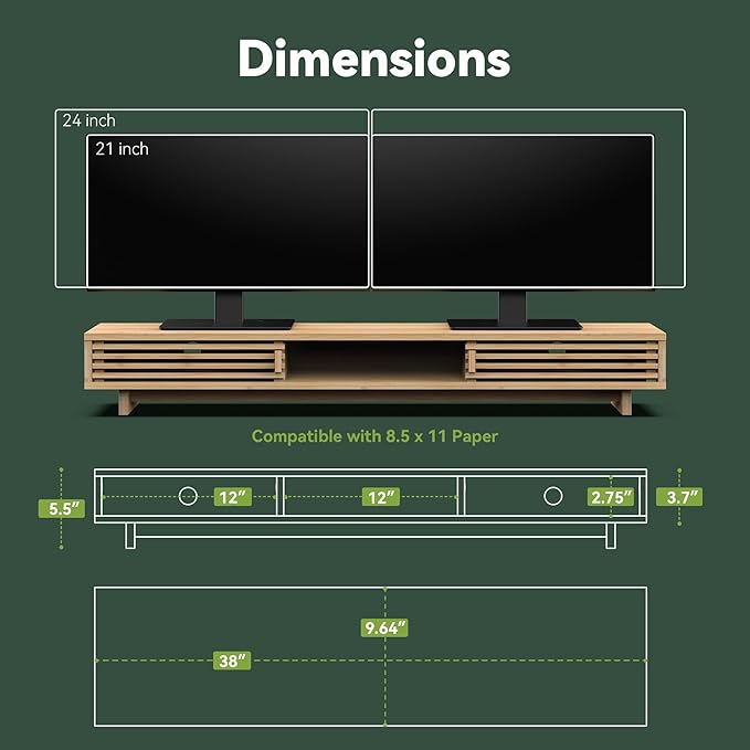 Dual Monitor Stand Riser with Sliding Door, Double Computer Laptop Stand Desk